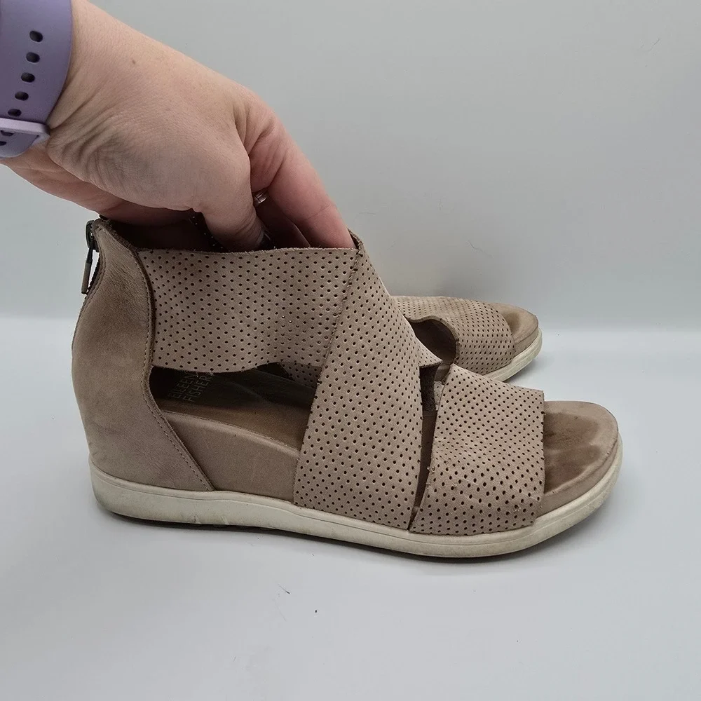 Eileen Fisher Wedge Sandals Perforated Leather‎ Taupe Zip Up Women's Shoes 7